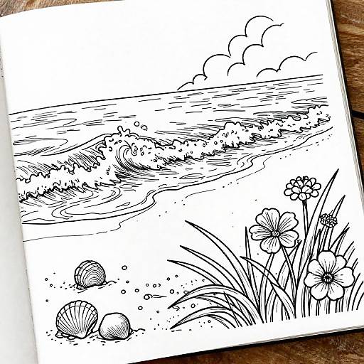 Black ink drawing of a serene lakeside scene with ripples, clouds, seashells, and flowers in the foreground on white paper.