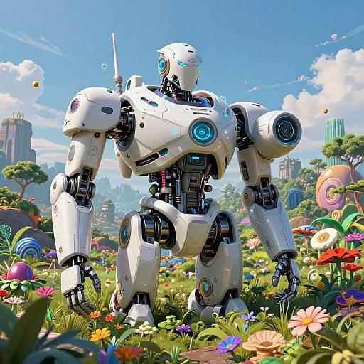 CGI image of a white, futuristic robot standing in a vibrant, colorful meadow with flowers and cityscape in the background.