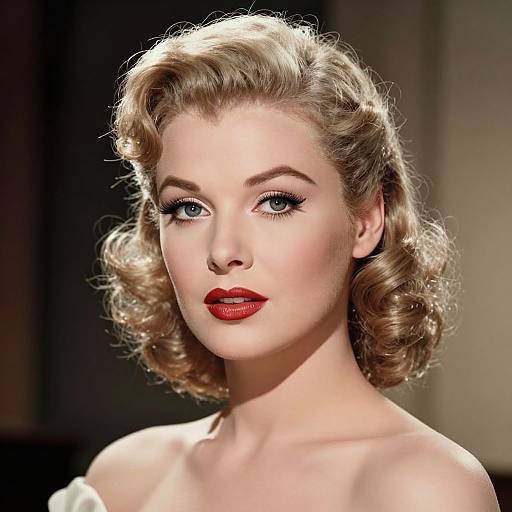 Photorealistic digital portrait of a fair-skinned, blonde-haired woman with curled, 1940s-style hair, blue eyes, and red lipstick