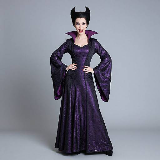 Photograph of a pale-skinned woman with black, horned hair, wearing a shimmering, purple, Gothic-style gown with wide sleeves and a