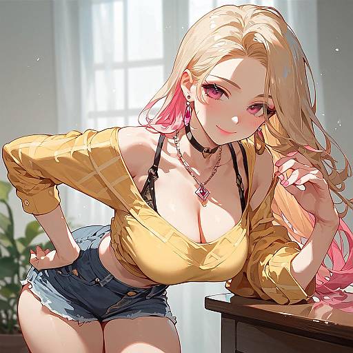 Anime Girl with Blonde and Pink Hair Wearing Yellow Shirt and Denim Shorts