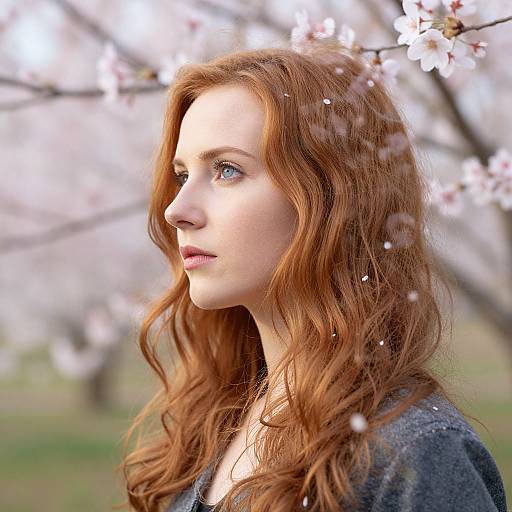 Photograph of a fair-skinned woman with wavy red hair, wearing a dark top, standing in a cherry blossom orchard, looking to the