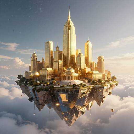 Photorealistic CGI of a futuristic floating city with towering skyscrapers, reflecting below in a mirror-like cloud sea, bathed in golden sunlight.