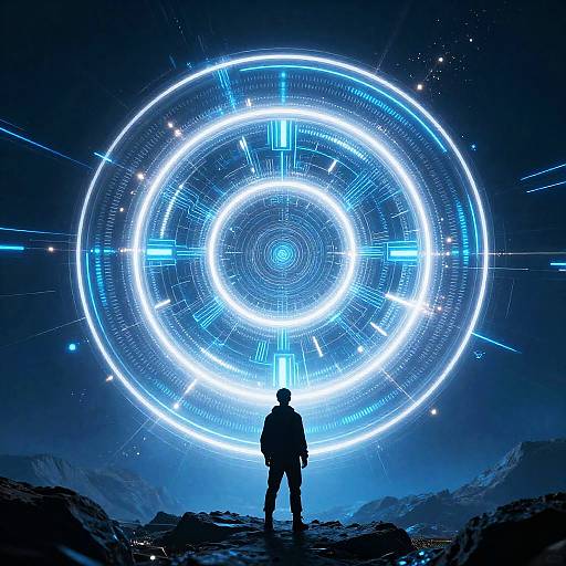 Lone Figure Before Neon Circuit Portal