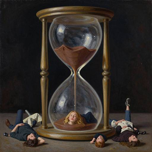 Photograph of three people lying on the floor, arms behind their heads, in front of a large, wooden hourglass with a woman's head inside