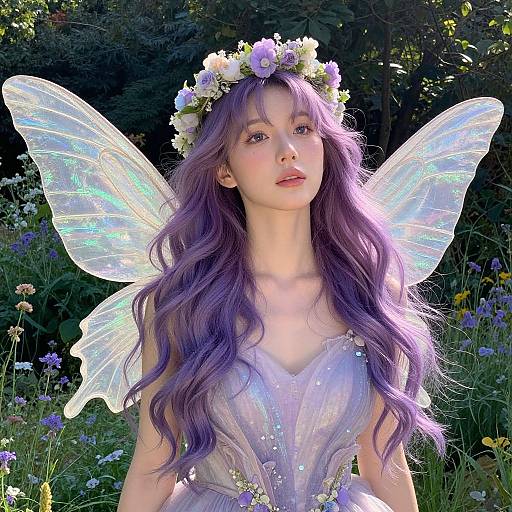 Photograph of a fair-skinned, purple-haired fairy with iridescent wings, wearing a flower crown and shimmering gown, set in a sun