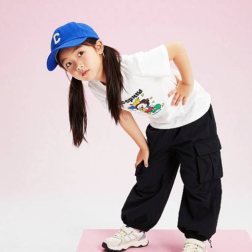 Photograph of a young Asian girl with long black pigtails, wearing a blue baseball cap, white t-shirt, black cargo pants, and white