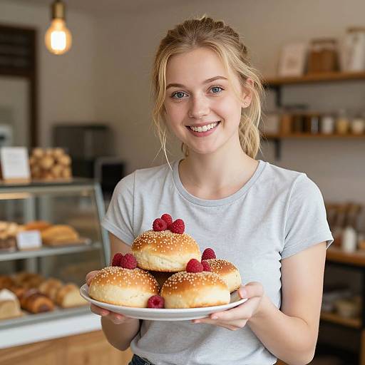 Photograph of a smiling blonde woman with light skin, wearing a white t-shirt, holding a plate of sesame seed bagels with raspberries in a