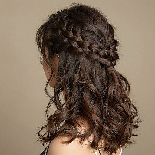 Photograph of a woman with wavy, dark brown hair, featuring intricate braided crown and loose curls, against a plain beige background.