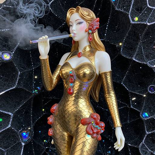 Digital art of a fair-skinned, long-haired woman with red flowers in her hair, smoking, wearing a gold, scale-patterned bodysuit