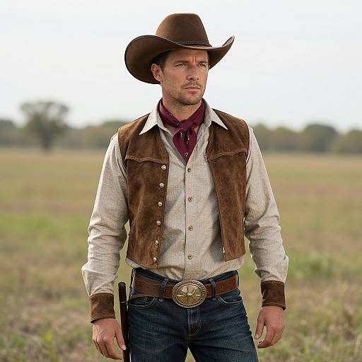 Photograph of a rugged, bearded man in a brown cowboy hat, beige shirt, brown vest, and blue jeans, standing in a grassy