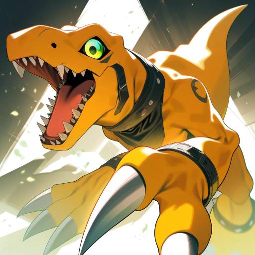 Illustration of Agumon, digimon in the style of Rerrere