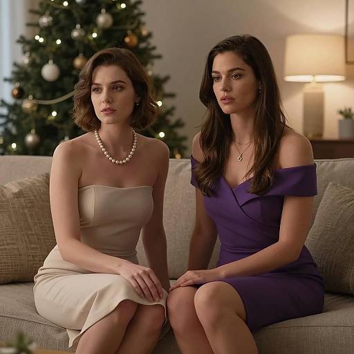 Two Women Sitting on Couch by Christmas Tree