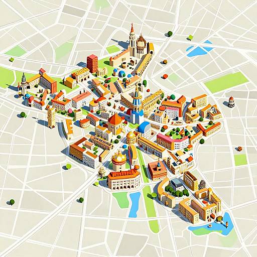 Colorful digital isometric illustration of a vibrant, densely packed European city with diverse buildings, including churches, a cathedral, and rivers.