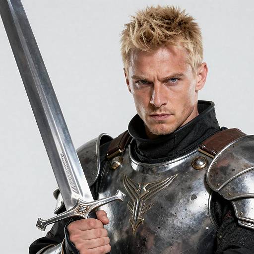 Intense Warrior with Metallic Sword Close-Up