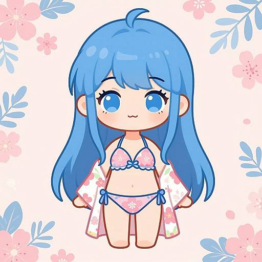Chibi Girl in Floral Bikini and Kimono