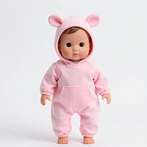 Photograph of a realistic baby doll with fair skin, brown hair, black eyes, wearing a pink one-piece hooded romper with bear ears,