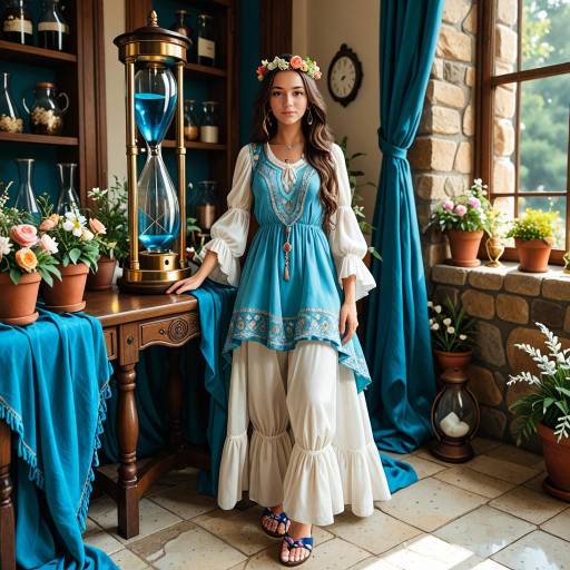 Woman in Blue Floral Boho Dress with Flower Crown
