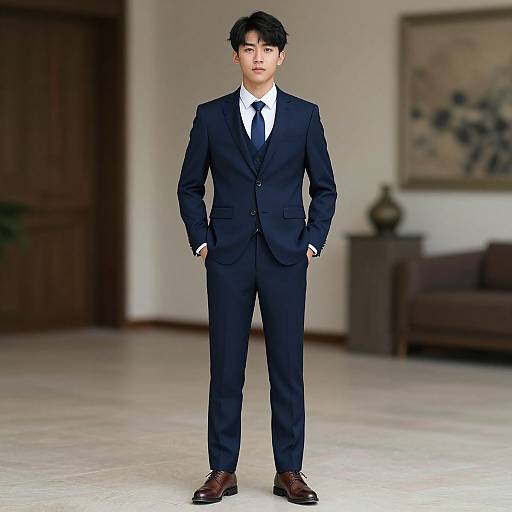 Photograph of an Asian man in a black suit, white shirt, and black tie, standing confidently with hands in pockets, in a modern, minimalist