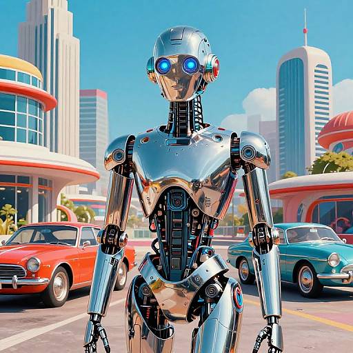 Retrofuturistic Robot in Mid-Century Scene