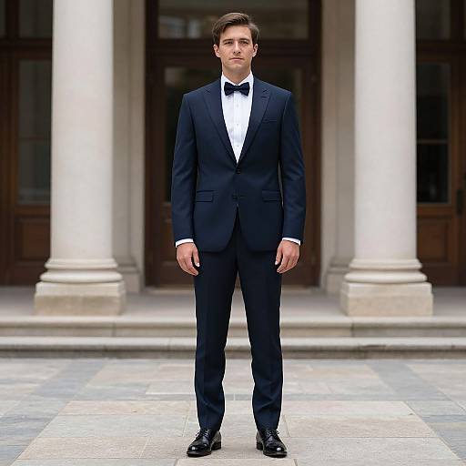 Photograph of a handsome man in a black tuxedo with a white shirt and black bow tie, standing confidently between white pillars in front of a