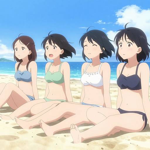 Four anime girls in bikinis sitting on a sunny beach, smiling and relaxed, with blue ocean and clear sky in the background.