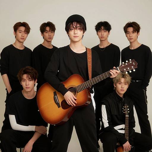 Photograph of seven Asian male musicians in black clothing, standing and kneeling, holding acoustic guitars, with a white background.