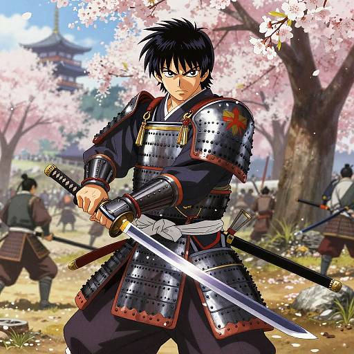 Fierce Samurai in Cherry Blossom Battlefield