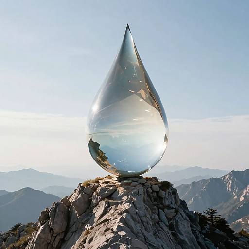 Photograph of a large, reflective, teardrop-shaped glass sculpture on a rocky mountain peak, with clear blue sky and distant mountain ranges in the
