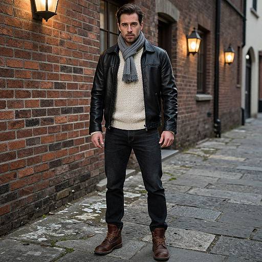 Photograph of a bearded man in a black leather jacket, gray scarf, white sweater, black jeans, and brown boots, standing on a cob