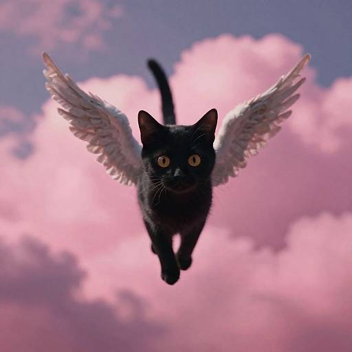 Photograph of a black cat with white wings, flying against a pink and blue sky with fluffy clouds. The cat's wide yellow eyes are focused forward