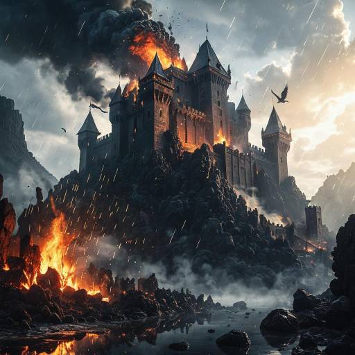Burning Medieval Castle with Fire-Breathing Phoenix