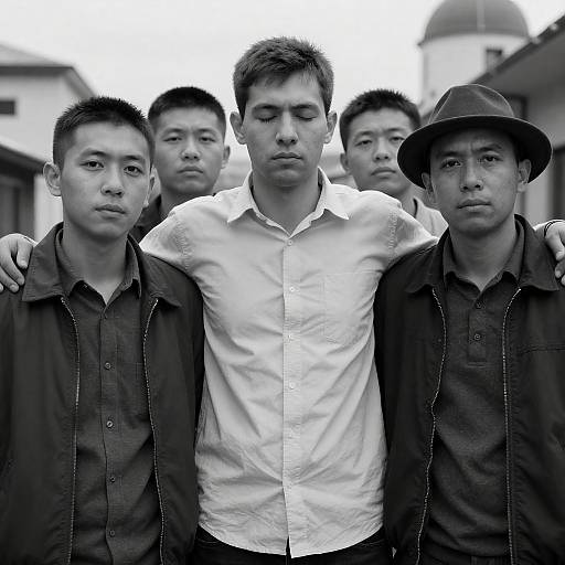Black and White Portrait of Five Men Outdoors