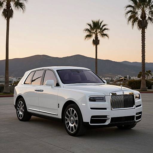 Photograph of a sleek, white Rolls-Royce Wraith parked on a concrete driveway at sunset, with palm trees and mountains in the background.