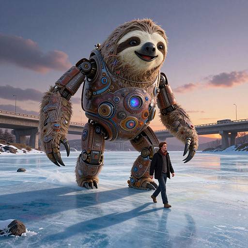 Cinematic Sloth Robot Crossing Iced Lake
