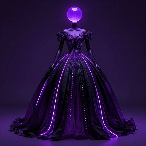 Photograph of a faceless, glowing purple-headed mannequin in a black, illuminated ball gown with purple light accents, standing against a dark purple