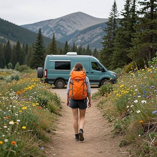 Photograph of a woman with an orange backpack walking on a dirt path towards a blue van, surrounded by wildflowers and pine trees, with mountains in