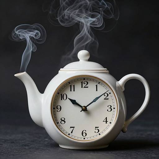 Photograph of a white, teapot-shaped clock with black numbers, steam rising from its spout, set against a dark background.