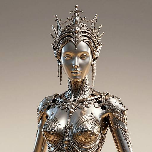 Photorealistic CGI of a silver, intricately detailed, robotic female figure with a crown, ornate necklace, and armor-like chest, against a