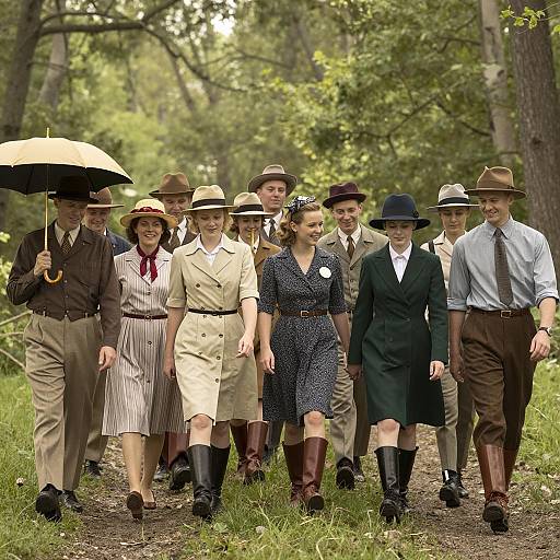 Group Walking in Vintage 1930s Attire in Forest
