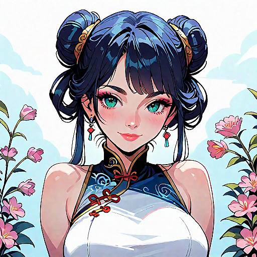 Digital anime-style portrait of a beautiful Asian woman with blue hair in double buns, wearing a white and blue cheongsam, surrounded by pink flowers