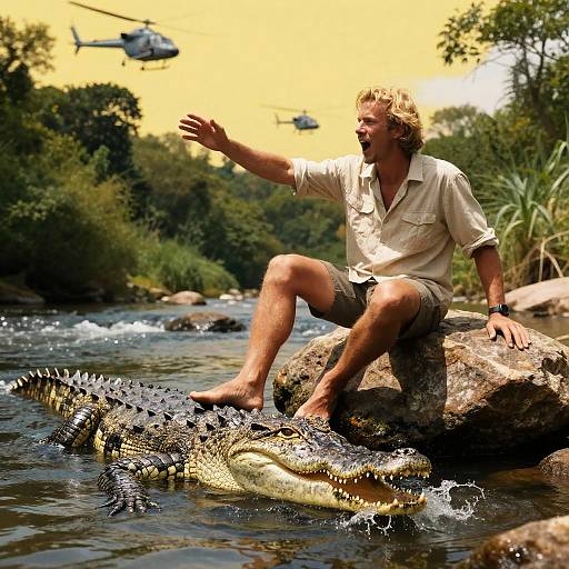 Blonde Man Confronts Crocodile in River