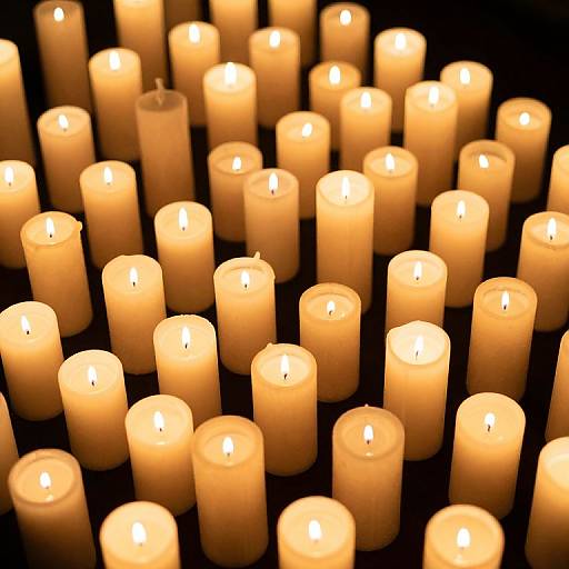 Photograph of numerous glowing white candles with lit flames, arranged closely together on a dark background, creating a warm, soft, and serene ambiance.