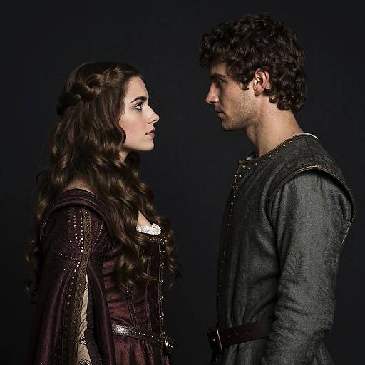 Photograph of a dark-haired woman in a medieval-style dress facing a dark-haired man in a gray, textured shirt, against a black background. They