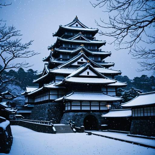 Snow-covered Japanese Castle at Dusk