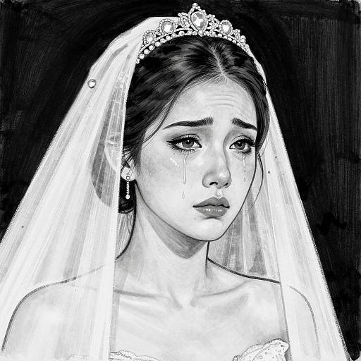 Black-and-white digital drawing of a sad Asian bride with a tiara, veil, and earrings, looking downwards against a dark background.