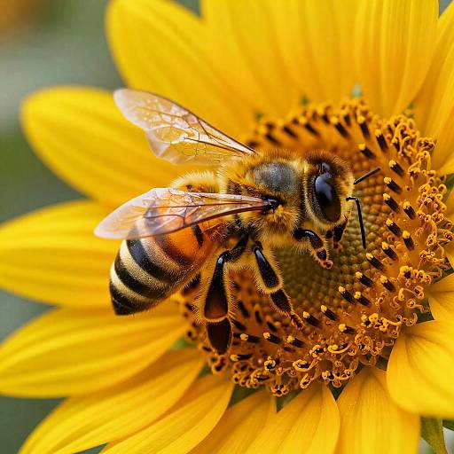 Close-up photograph of a bumblebee with orange and black stripes, on a bright yellow sunflower, focusing on detailed textures and vivid colors.