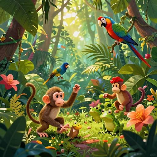 Vibrant Jungle Scene with Animalitos