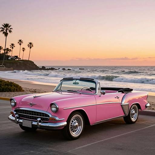 Photograph of a vibrant pink vintage convertible car parked on a beachside road at sunset, with palm trees and waves in the background.