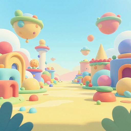 Whimsical, colorful CGI landscape with floating, pastel-colored domes and balloons, vibrant blue sky, and cartoonish, rounded architecture. Bright
